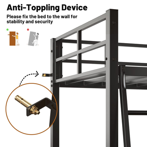 Twin Metal Loft Bed With L - Shaped Desk, Charging Station Loft Bed Frame Twin Size, Safety Guard & Ladder, No Box Spring Needed - Black