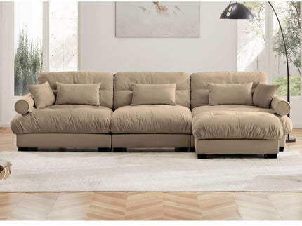 Modern Sectional Sofa With Ottoman, Round Bolster Armrests, Waist And Throw Pillows