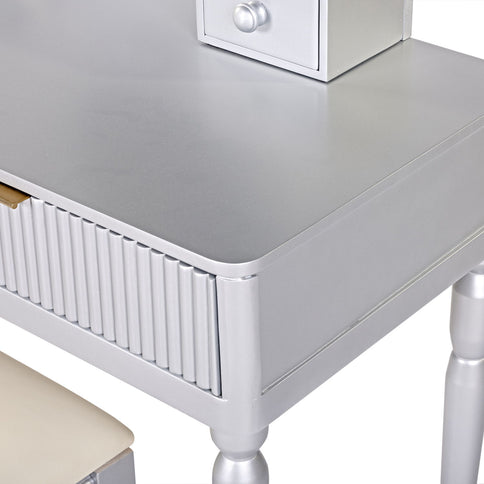 Luxury Vanity Desk With Round Mirror Height Adjustable Dressing Table Set Engineered Wood - Silver