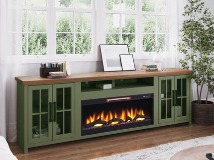 97" Fireplace TV Stand Console For TVs Up To 100" - Sage Green And Fruitwood Finish