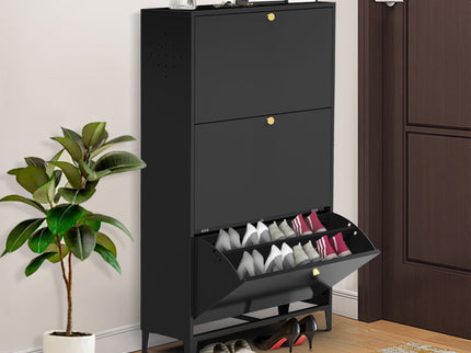 3 Drawer All Steel Shoe Cabinet, Freestanding Storage Organizer With Flip Door