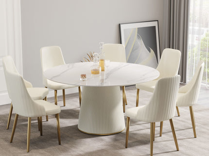 Modern Artificial Stone Round Plywood Base Dining Table, Can Accommodate 8 People, (Not Including Chairs) - White / Beige