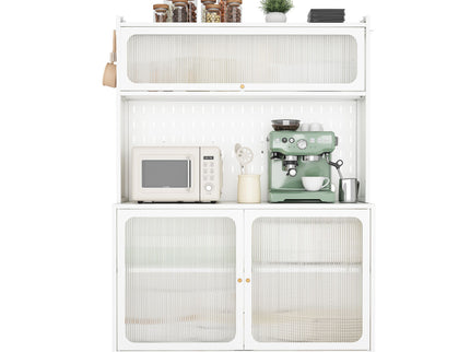 Contemporary Kitchen Pantry Cabinet With Glass Doors, Adjustable Shelves, Steel - Brushed Nickel