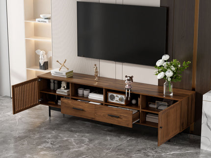 TV Stand, Media Console With 2 Drawers, Soft Closing Slatted Doors, Living Room Entertainment Center - Walnut