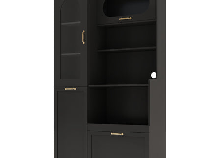 Tall Freestanding Kitchen Pantry Cabinet With Arched Glass Door