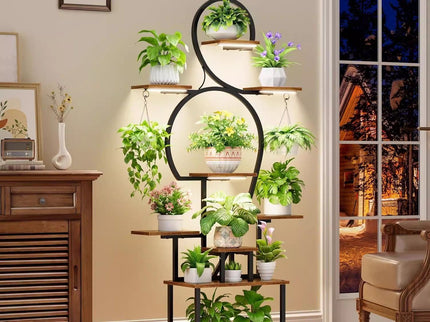 Plant Stand Indoor With Grow Light, 9 Tiered 63" Tall Indoor Plant Shelves For Multiple Plants - Walnut / Black