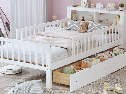 Bed With Headboard Storage Rack, 2 Under Bed Drawers, 3 Side Guardrails For Safety