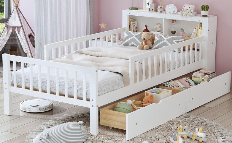 Bed With Headboard Storage Rack, 2 Under Bed Drawers, 3 Side Guardrails For Safety
