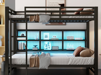Queen Over Queen Bunk Bed With Storage Cabinets And LED Sturdy Frame, 6 Storage Units, Adjustable LED Lights - Black