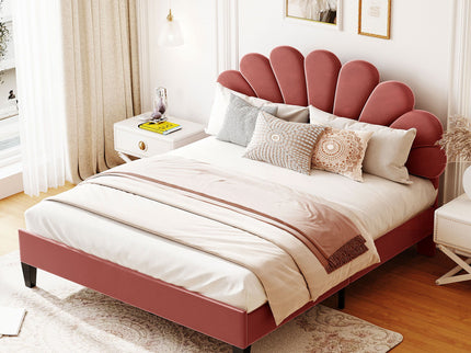 Upholstered Platform Bed With Flower Pattern Headboard