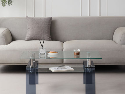 Modern Tempered Glass Coffee Table With 2 Tier Storage For Living Room