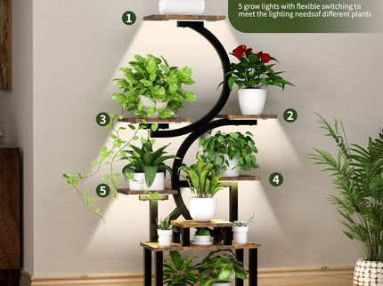 8 Tier Indoor Plant Stand With 5 Grow Lights For Living Room - Rustic Brown