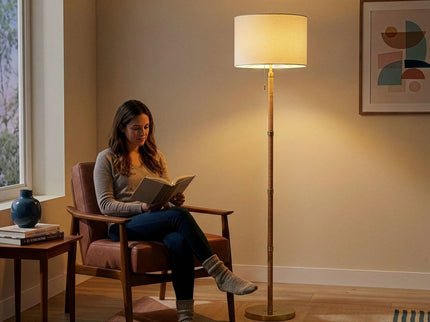 Stellar - Linen Shade Floor Lamp - Gold / Natural Wood / Rattan / White