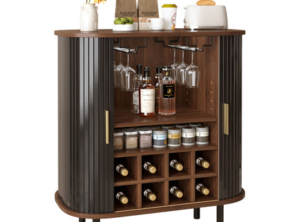 Fluted Wine Bar Cabinet With 8 Grid Wine Rack, 5 Level Adjustable Shelves, 2 Glass Holders