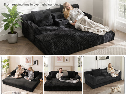 Soft Striped Convertible Sofa Bed, Dual Use Lounge Couch With Cup Holders And Pillows
