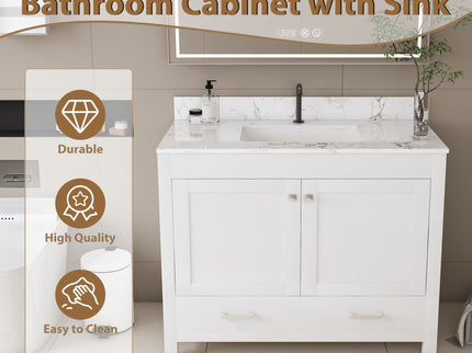 43" Bathroom Vanity With Artificial Marble Carrara Top Set, Multi Functional Cabinet With Doors And Drawer - White