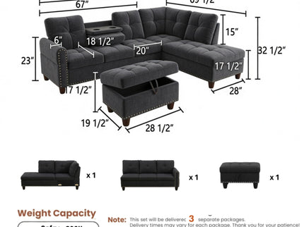 L - Shaped 3 Piece Sectional Sofa With Chaise, Storage Ottoman & Cup Holders