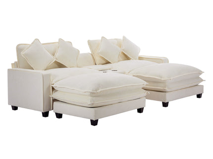 Sectional Sofa Upholstered Sofa With Two Removable Ottoman, Two USB Ports, Two Cup Holders And Large Storage Box For Living Room