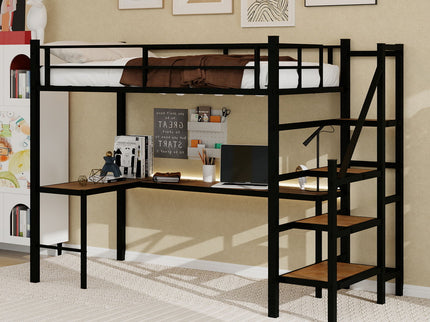 Loft Bed & L-Shaped Desk, Large Storage Space