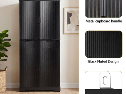 Fluted Kitchen Pantry Cabinet With 3 Keyboard Drawers & 6 Adjustable Door Shelves