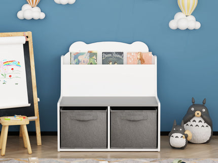 Bookshelf With Storage Bins, Bookcase With Book Display Shelf And 2 Bins, Cute Bear Shaped Backboard, Toy Organizer - White