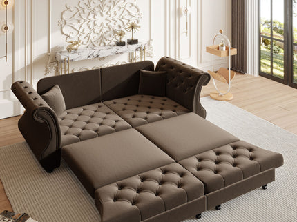 Oversized Chesterfield Pull Out Sofa Bed, Roll Arm Couch With Flower Tufting For Living Room