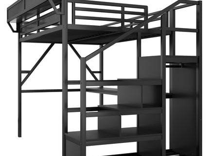 Loft Bed With Desk And Charging Station With Stairs And Light