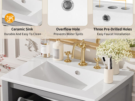 Bathroom Vanity With Ceramic Sink, Soft Close Doors, Flip Drawer, Double Layer Door Shelves