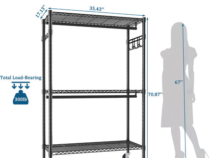 Heavy Duty Rolling Clothes Rack With 3 Tier Shelves, 2 Rails & Side Hooks, Adjustable Freestanding Organizer Metal - Black