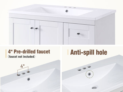 Shaker Free Standing Bathroom Vanity Cabinet With Sink, Soft Close Drawers, Soft Close Doors