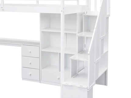 Loft Bed With L Shaped Desk, Drawers, Cabinet, And Storage Staircase