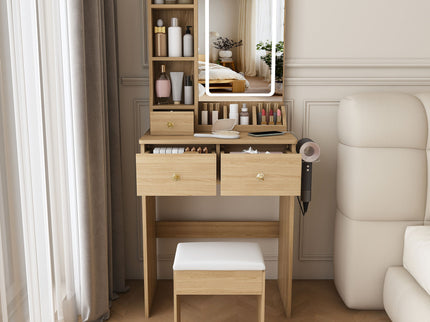 Small Vanity Desk With 3 LED Lighting Modes, 3 Drawers, Hair Dryer Holder, Power Socket, And Dressing Chair - Natural Walnut
