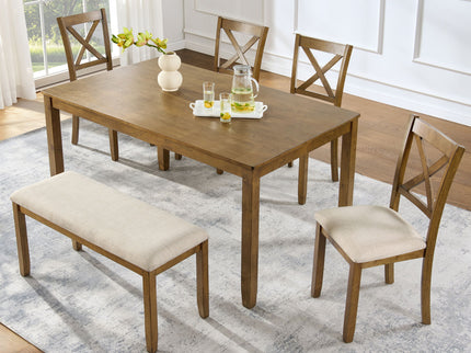 6 Piece Dining Table Set, Large Rectangular Table With Upholstered Bench & 4 X - Back Chairs, Kitchen Furniture - Oak
