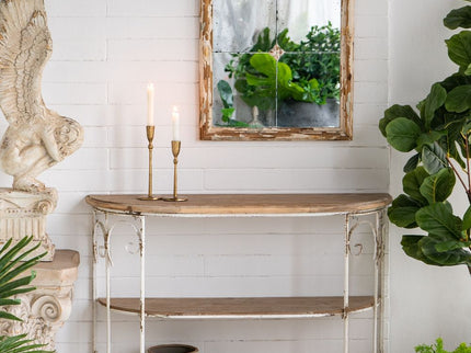 3 Tiered Wooden Shelving Unit With Ornate Iron Frame - Multicolor