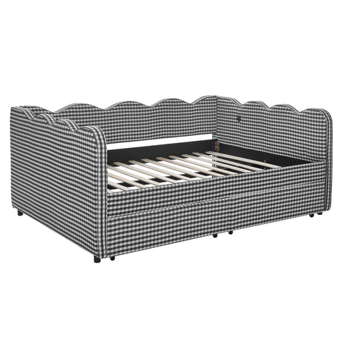 Gingham Daybed With USB Charging Port, Wave-Shaped Design