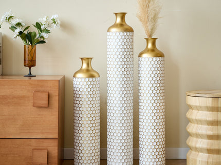 3 Piece Set Gorgeous Home Decoration Large Glazed Floor Vase Decoration Home Droplet Shaped - Gold / White