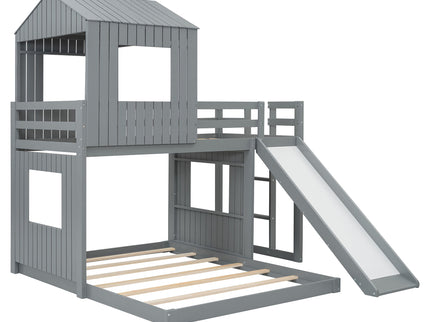 Loft Bunk Bed With Playhouse, Farmhouse, Ladder, Slide And Guardrails