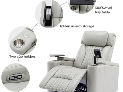 270° Power Swivel Recliner Home Theater Chair With Hidden Arm Storage, LED Light, Cup Holder, And Tray Table
