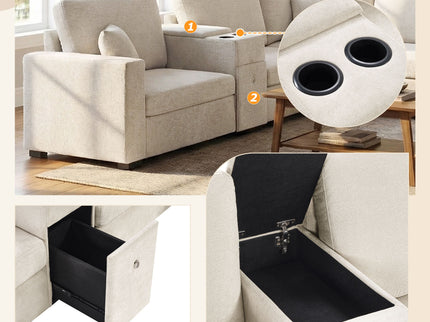 Modular 5 Seat U-Shape Sectional Sofa With Chaise Lounge, Built In Cup Holders And Storage Drawer