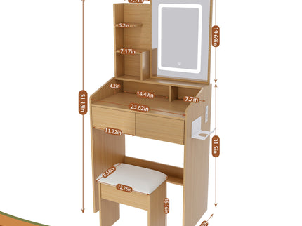 Vanity Table With LED Mirror, Power Outlet, Hairdryer Holder & Padded Stool, Compact Dressing Desk For Small Bedrooms - Wood