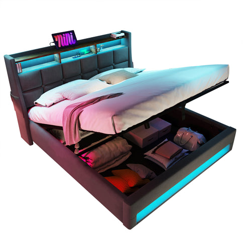 Platform Bed With Hydraulic Storage, LED Lighting & Charging Station