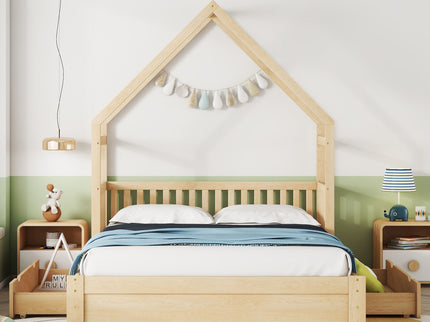 House Style Platform Bed With Guardrail And 2 Drawers