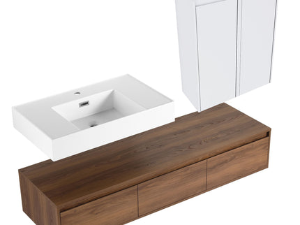 Wall Mounted Bathroom Vanity With Resin Sink And 2 Side Cabinet, 3 Soft Close Drawer - Brown Ebony