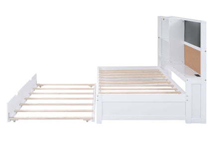 Twin Size Daybed With Storage Shelvesboard, Cork Board, USB Ports And Trundle - White