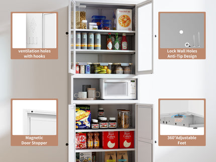Metal Kitchen Pantry Cabinet Tall Storage With Adjustable Shelves, Heavy Duty Stainless Steel Frame - White
