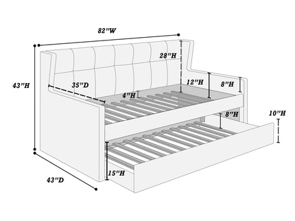 Daybed With Slat Trundle, Button Tufted - Light Gray