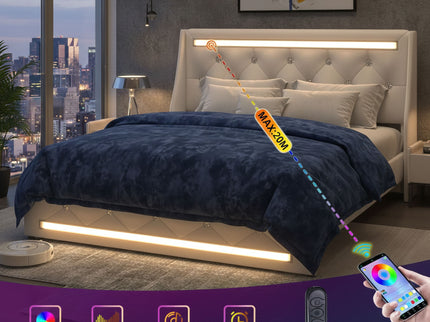 Wingback Upholstered Bed Frame With LED Lights, Charging Station