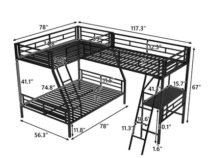 Twin Over Full Bunk Bed With Loft And Desk, L-Shaped Design For 3 Sleepers - Black