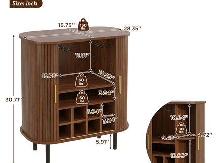 Fluted Wine Bar Cabinet With 8 Grid Wine Rack, 5 Level Adjustable Shelves, 2 Glass Holders