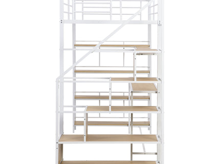 Twin Size Loft Bed With Built In Desk, Staircase Storage & 4 Tier Shelves - White